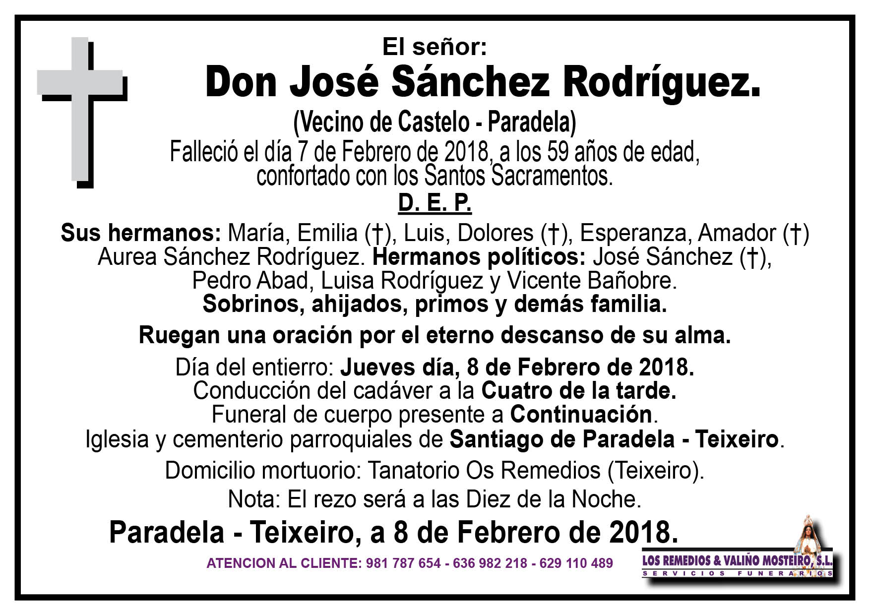Esquela de José Sánchez Rodríguez.